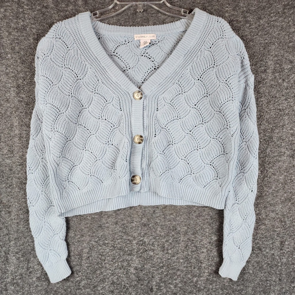 Sincerely Jules Cardigan Women Medium ST2275 Blue Button-Down Scallop Crop EUC